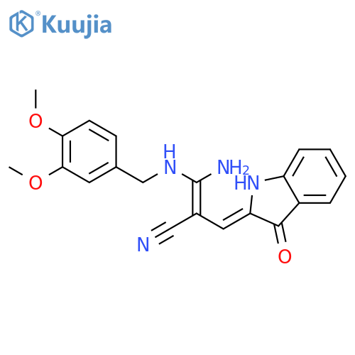 (2Z)-3-amino-3-[(3,4-dimethoxybenzyl)amino]-2-[(Z)-(3-oxo-1,3-dihydro-2H-indol-2-ylidene)methyl]prop-2-enenitrile structure