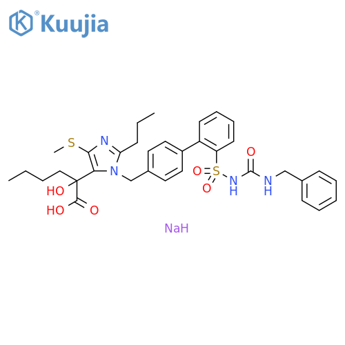 1H-Imidazole-5-acetic acid, α-butyl-α-hydroxy-4-(methylthio)-1-[[2'-[[[[(phenylmethyl)amino]carbonyl]amino]sulfonyl][1,1'-biphenyl]-4-yl]methyl]-2-propyl-, sodium salt (1:1) structure