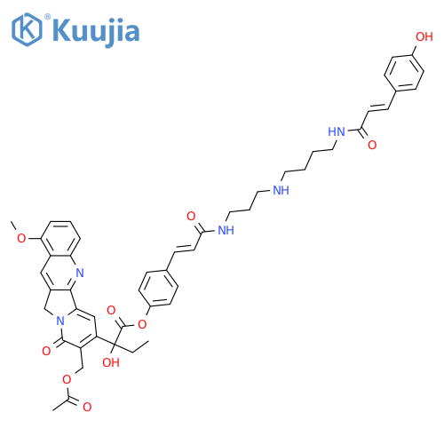 Indolizino[1,2-b]quinoline-7-acetic acid, 8-[(acetyloxy)methyl]-α-ethyl-9,11-dihydro-α-hydroxy-1-methoxy-9-oxo-, 4-[(1E)-3-[[3-[[4-[[(2E)-3-(4-hydroxyphenyl)-1-oxo-2-propen-1-yl]amino]butyl]amino]propyl]amino]-3-oxo-1-propen-1-yl]phenyl ester, (αS)- structure