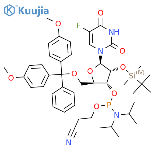 (2R,3R,4R,5R)-2-((Bis(4-methoxyphenyl)(phenyl)methoxy)methyl)-4-((tert-butyldimethylsilyl)oxy)-5-(5-fluoro-2,4-dioxo-3,4-dihydropyrimidin-1(2H)-yl)tetrahydrofuran-3-yl (2-cyanoethyl) diisopropylphosphoramidite structure