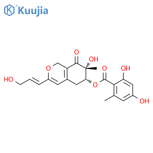 Benzoic acid, 2,4-dihydroxy-6-methyl-, (6R,7R)-5,6,7,8-tetrahydro-7-hydroxy-3-[(1E)-3-hydroxy-1-propen-1-yl]-7-methyl-8-oxo-1H-2-benzopyran-6-yl ester structure