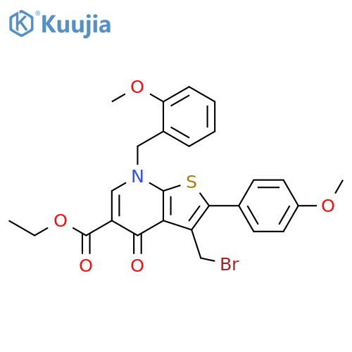 Thieno[2,3-b]pyridine-5-carboxylic acid, 3-(bromomethyl)-4,7-dihydro-2-(4-methoxyphenyl)-7-[(2-methoxyphenyl)methyl]-4-oxo-, ethyl ester structure