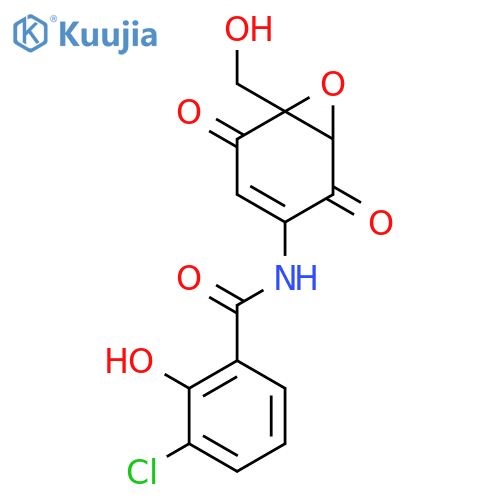 3-chloro-2-hydroxy-N-[(1S,6R)-6-(hydroxymethyl)-2,5-dioxo-7-oxabicyclo[4.1.0]hept-3-en-3-yl]benzamide structure