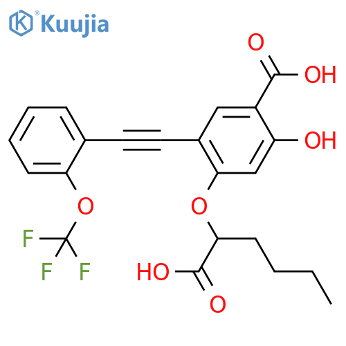 4-((1-carboxypentyl)oxy)-2-hydroxy-5-((2-(trifluoromethoxy)phenyl)ethynyl)benzoic acid structure