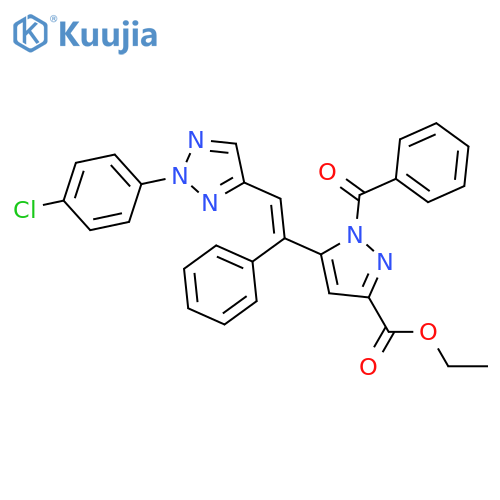 1H-Pyrazole-3-carboxylic acid, 1-benzoyl-5-[2-[2-(4-chlorophenyl)-2H-1,2,3-triazol-4-yl]-1-phenylethenyl]-, ethyl ester structure