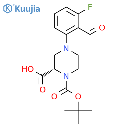(S)-4-(3-Fluoro-2-formylphenyl)-1-(tert-butoxy-carbonyl)piperazine-2-carboxylic acid structure