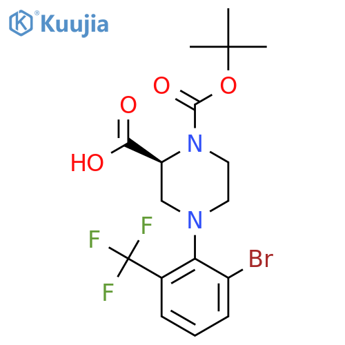 (S)-4-(2-Bromo-6-(trifluoromethyl)phenyl)-1-(tert-butoxycarbonyl)piperazine-2-carboxylic acid structure