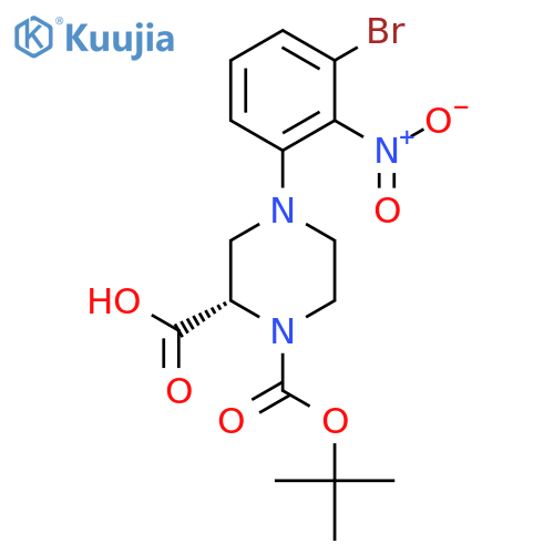 (S)-4-(3-Bromo-2-nitrophenyl)-1-(tert-butoxy-carbonyl)piperazine-2-carboxylic acid structure