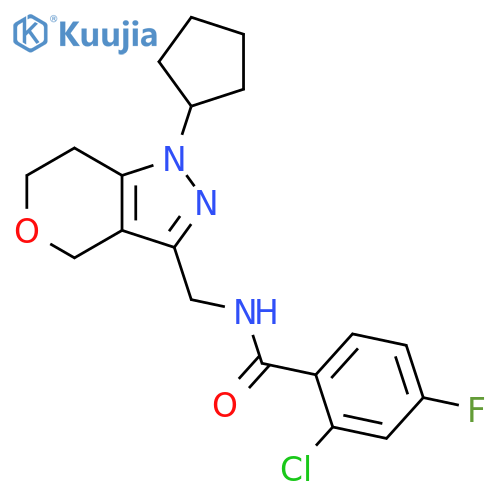 2-chloro-N-({1-cyclopentyl-1H,4H,6H,7H-pyrano[4,3-c]pyrazol-3-yl}methyl)-4-fluorobenzamide structure
