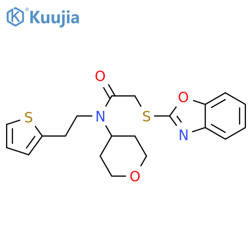 2-(1,3-benzoxazol-2-ylsulfanyl)-N-(oxan-4-yl)-N-[2-(thiophen-2-yl)ethyl]acetamide structure