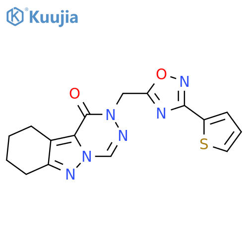2-{[3-(thiophen-2-yl)-1,2,4-oxadiazol-5-yl]methyl}-1H,2H,7H,8H,9H,10H-[1,2,4]triazino[4,5-b]indazol-1-one structure