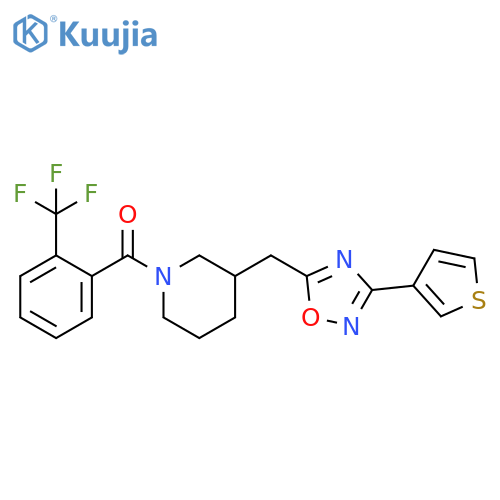 3-{[3-(thiophen-3-yl)-1,2,4-oxadiazol-5-yl]methyl}-1-[2-(trifluoromethyl)benzoyl]piperidine structure