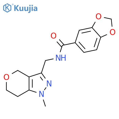 N-({1-methyl-1H,4H,6H,7H-pyrano4,3-cpyrazol-3-yl}methyl)-2H-1,3-benzodioxole-5-carboxamide structure