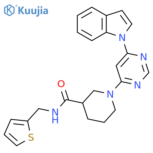 1-(6-(1H-indol-1-yl)pyrimidin-4-yl)-N-(thiophen-2-ylmethyl)piperidine-3-carboxamide structure