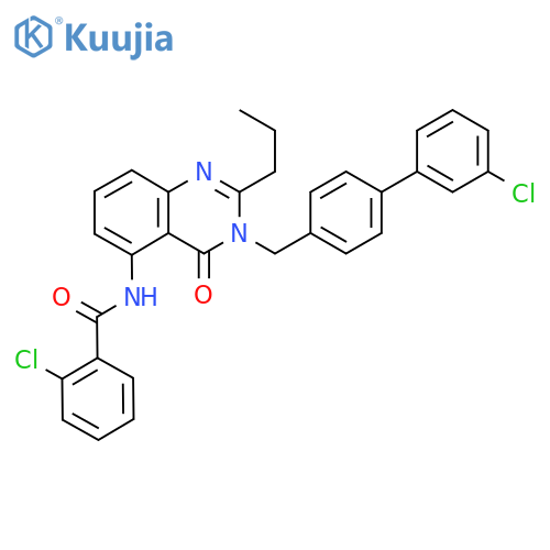 2-Chloro-N-3-(3’-chloro1,1’-biphenyl-4-yl)methyl-3,4-dihydro-4-oxo-2-propyl-6-quinazolinyl-benzamide structure