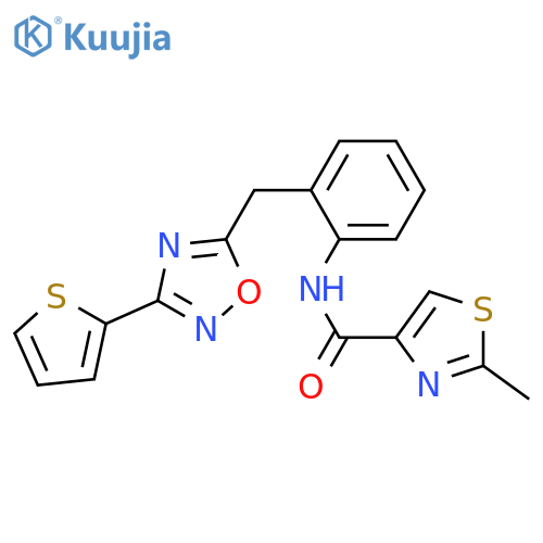 2-methyl-N-(2-{[3-(thiophen-2-yl)-1,2,4-oxadiazol-5-yl]methyl}phenyl)-1,3-thiazole-4-carboxamide structure