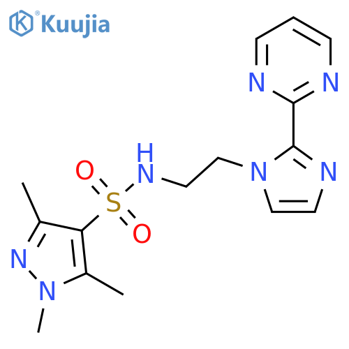 1,3,5-trimethyl-N-{2-2-(pyrimidin-2-yl)-1H-imidazol-1-ylethyl}-1H-pyrazole-4-sulfonamide structure