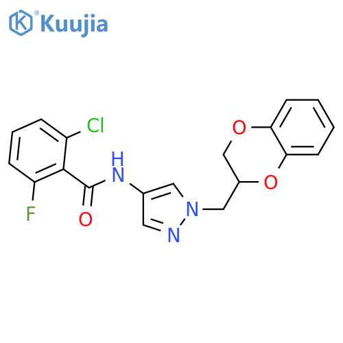2-chloro-N-[1-(2,3-dihydro-1,4-benzodioxin-3-ylmethyl)pyrazol-4-yl]-6-fluorobenzamide structure