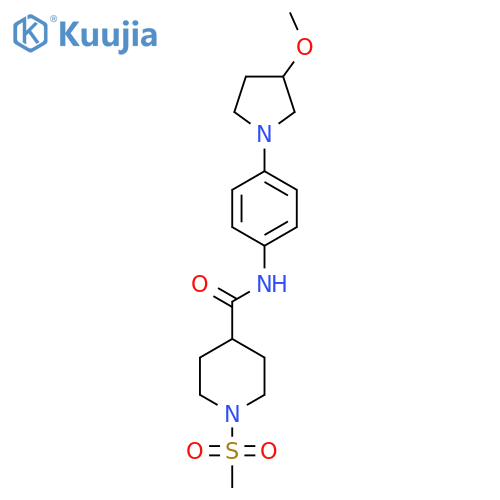 1-methanesulfonyl-N-4-(3-methoxypyrrolidin-1-yl)phenylpiperidine-4-carboxamide structure