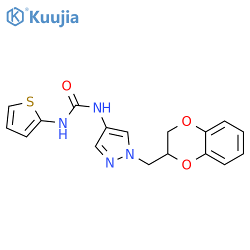 1-[1-(2,3-dihydro-1,4-benzodioxin-3-ylmethyl)pyrazol-4-yl]-3-thiophen-2-ylurea structure