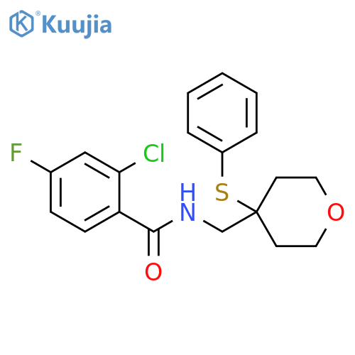2-chloro-4-fluoro-N-{[4-(phenylsulfanyl)oxan-4-yl]methyl}benzamide structure