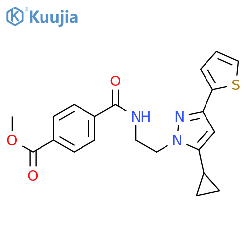 methyl 4-({2-[5-cyclopropyl-3-(thiophen-2-yl)-1H-pyrazol-1-yl]ethyl}carbamoyl)benzoate structure