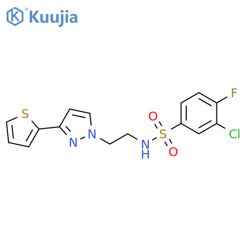 3-chloro-4-fluoro-N-{2-3-(thiophen-2-yl)-1H-pyrazol-1-ylethyl}benzene-1-sulfonamide structure