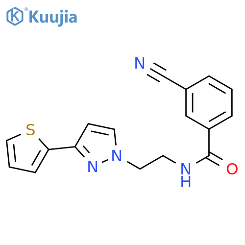 3-cyano-N-{2-3-(thiophen-2-yl)-1H-pyrazol-1-ylethyl}benzamide structure