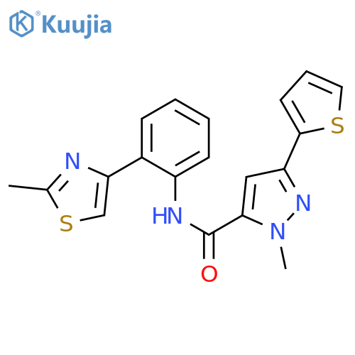 2-methyl-N-[2-(2-methyl-1,3-thiazol-4-yl)phenyl]-5-thiophen-2-ylpyrazole-3-carboxamide structure