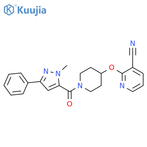 2-{[1-(1-methyl-3-phenyl-1H-pyrazole-5-carbonyl)piperidin-4-yl]oxy}pyridine-3-carbonitrile structure