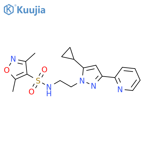 N-{2-[5-cyclopropyl-3-(pyridin-2-yl)-1H-pyrazol-1-yl]ethyl}-3,5-dimethyl-1,2-oxazole-4-sulfonamide structure