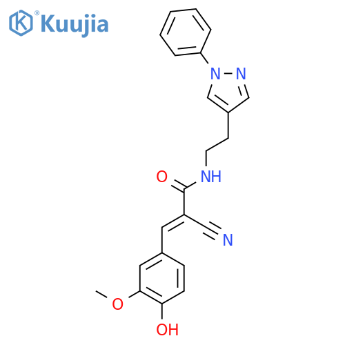 (E)-2-Cyano-3-(4-hydroxy-3-methoxyphenyl)-N-[2-(1-phenylpyrazol-4-yl)ethyl]prop-2-enamide structure