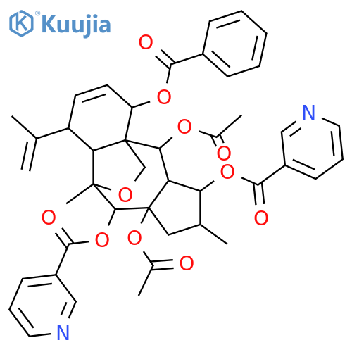 13,17-Epoxy-8,10(18)-myrsinadiene-3,5,7,14,15-pentol; (2β,3β,5α,7β,13α,14β,15β)-form, 3,14-Bis-O-(3-pyridinecarbonyl), 7-benzoyl, 5,15-di-Ac structure