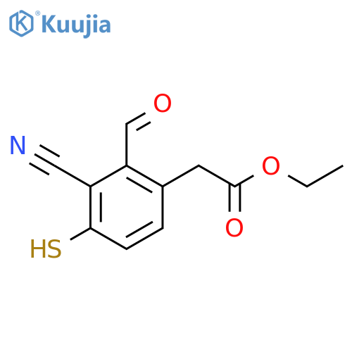 Ethyl 3-cyano-2-formyl-4-mercaptophenylacetate structure