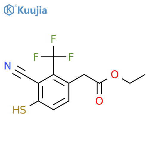 Ethyl 3-cyano-4-mercapto-2-(trifluoromethyl)phenylacetate structure
