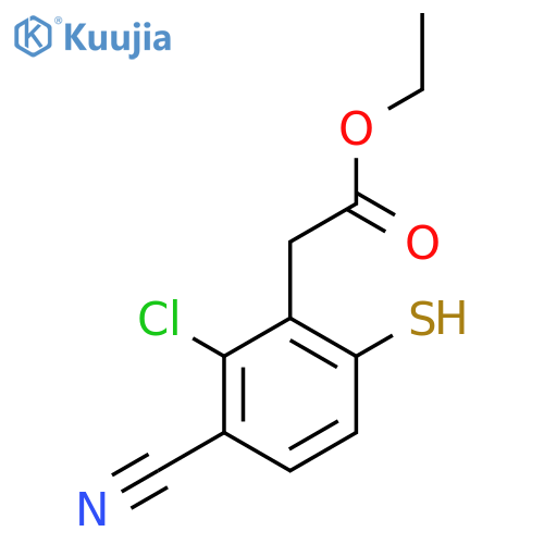 Ethyl 2-chloro-3-cyano-6-mercaptophenylacetate structure