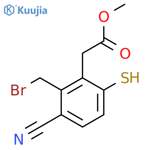 Methyl 2-bromomethyl-3-cyano-6-mercaptophenylacetate structure