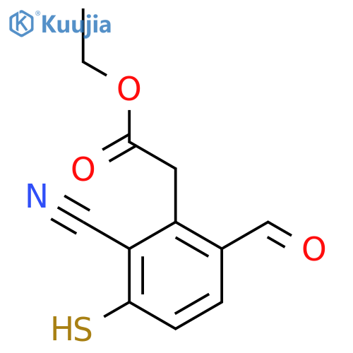 Ethyl 2-cyano-6-formyl-3-mercaptophenylacetate structure