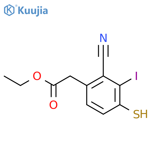 Ethyl 2-cyano-3-iodo-4-mercaptophenylacetate structure