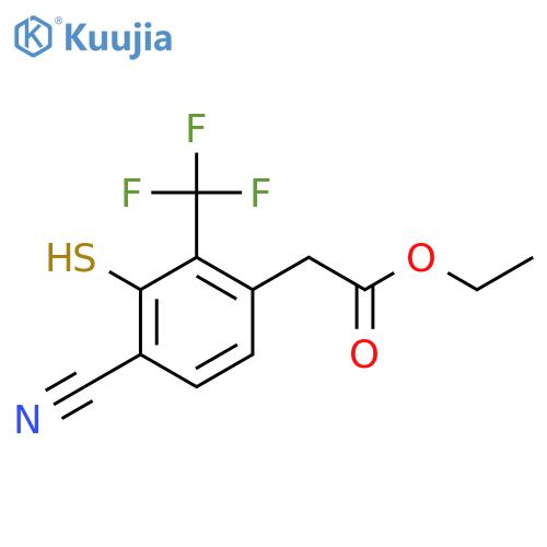 Ethyl 4-cyano-3-mercapto-2-(trifluoromethyl)phenylacetate structure