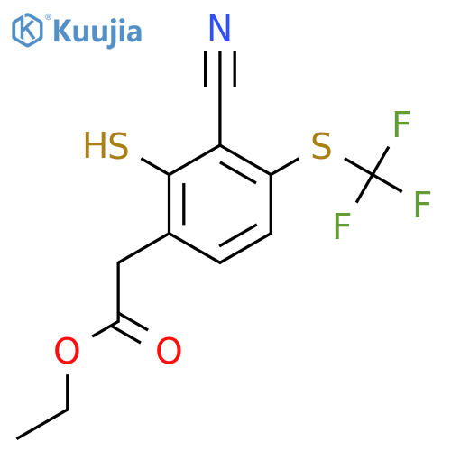 Ethyl 3-cyano-2-mercapto-4-(trifluoromethylthio)phenylacetate structure