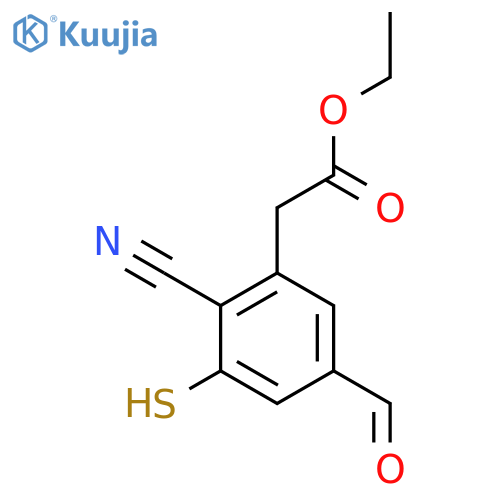 Ethyl 2-cyano-5-formyl-3-mercaptophenylacetate structure
