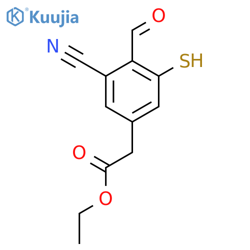 Ethyl 3-cyano-4-formyl-5-mercaptophenylacetate structure
