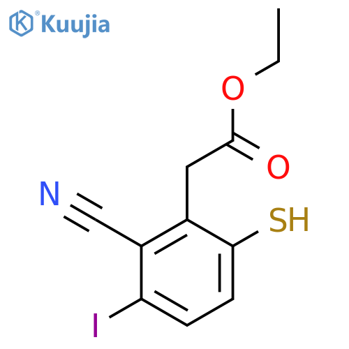 Ethyl 2-cyano-3-iodo-6-mercaptophenylacetate structure