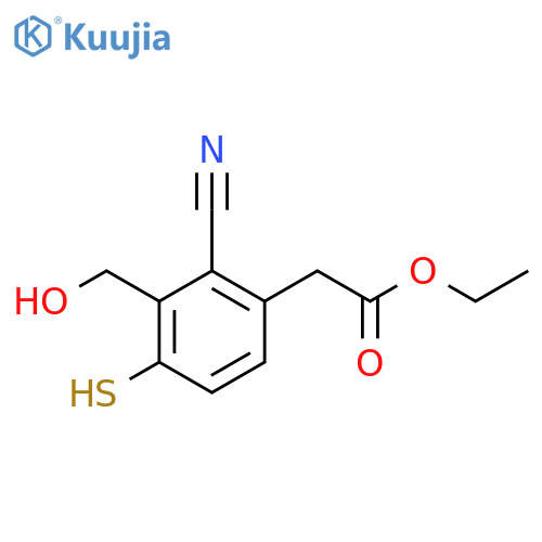 Ethyl 2-cyano-3-hydroxymethyl-4-mercaptophenylacetate structure