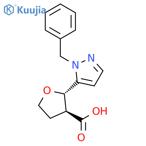 (2S,3S)-2-(1-benzyl-1H-pyrazol-5-yl)oxolane-3-carboxylic acid structure