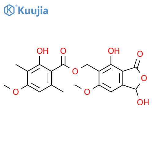 Benzoic acid, 2-hydroxy-4-methoxy-3,6-dimethyl-, (1,3-dihydro-1,4-dihydroxy-6-methoxy-3-oxo-5-isobenzofuranyl)methyl ester structure