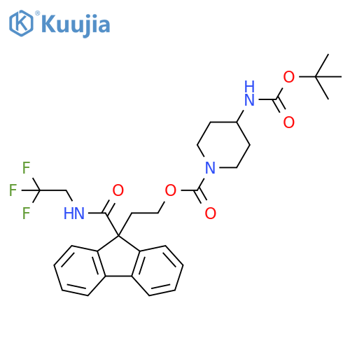 1-Piperidinecarboxylic acid, 4-[[(1,1-dimethylethoxy)carbonyl]amino]-,2-[9-[[(2,2,2-trifluoroethyl)amino]carbonyl]-9H-fluoren-9-yl]ethyl ester structure