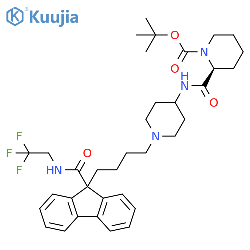 1-Piperidinecarboxylic acid,2-[[[1-[4-[9-[[(2,2,2-trifluoroethyl)amino]carbonyl]-9H-fluoren-9-yl]butyl]-4-piperidinyl]amino]carbonyl]-, 1,1-dimethylethyl ester, (S)- structure