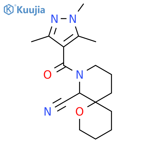 8-(1,3,5-trimethyl-1H-pyrazole-4-carbonyl)-1-oxa-8-azaspiro[5.5]undecane-7-carbonitrile structure